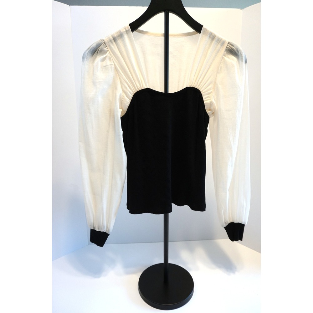 J.ING Women Black Cream Ribbed Knit Sheer Balloon Sleeve Top Sweetheart Neck S